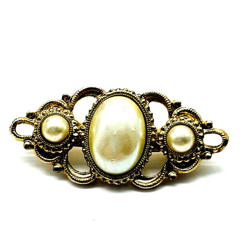 Signed 1928 Faux Pearl Gold Tone Brooch Victorian Revival Vintage Pin Elegant